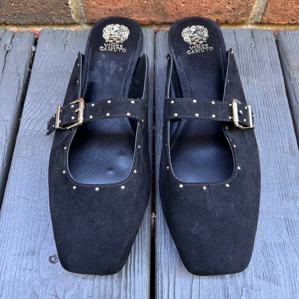 Vince Camuto Veami Black Studded Buckle Square Toe Mule Flats Size 11M 42.5